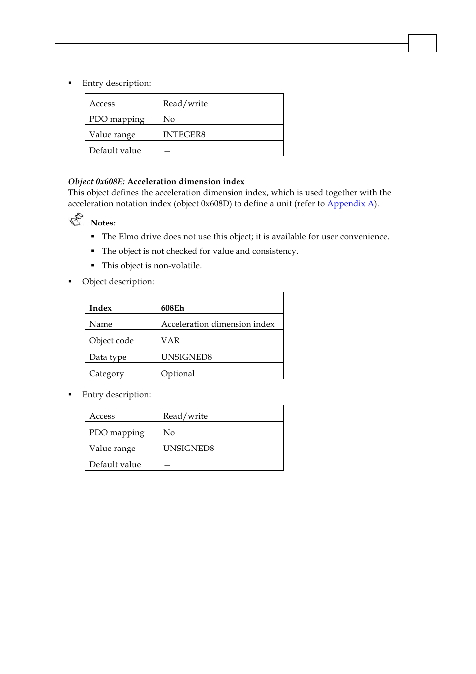 Object 0x608e: acceleration dimension index | ElmoMC CANopen DSP 402 Implementation Guide User Manual | Page 49 / 116