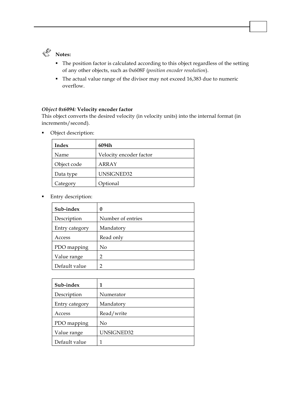 Object 0x6094: velocity encoder factor | ElmoMC CANopen DSP 402 Implementation Guide User Manual | Page 53 / 116