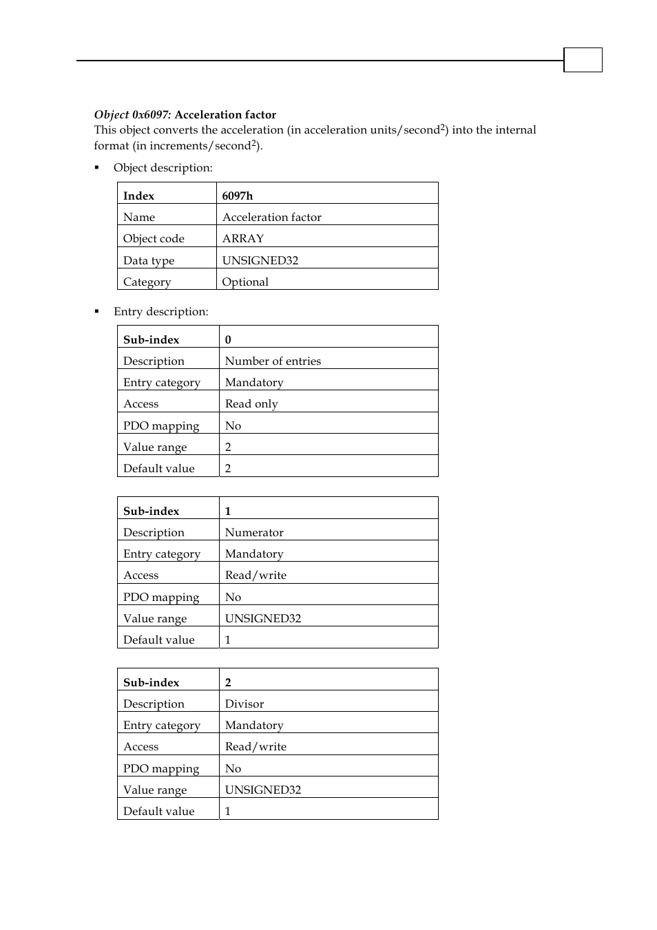 Object 0x6097: acceleration factor | ElmoMC CANopen DSP 402 Implementation Guide User Manual | Page 57 / 116