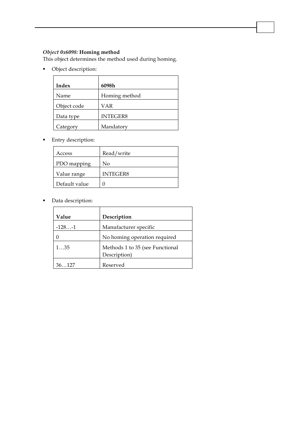 Object 0x6098: homing method | ElmoMC CANopen DSP 402 Implementation Guide User Manual | Page 62 / 116