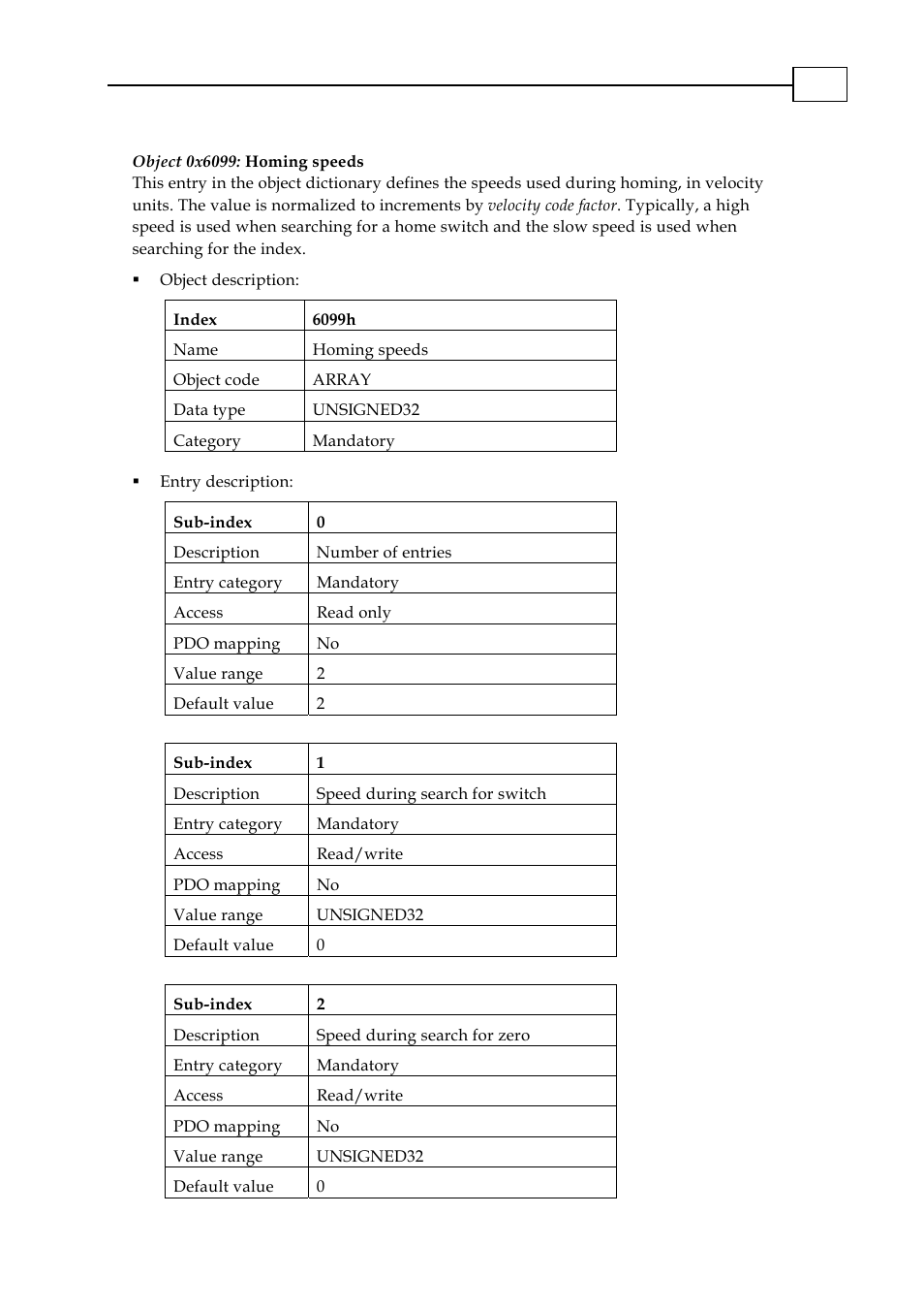 Object 0x6099: homing speeds | ElmoMC CANopen DSP 402 Implementation Guide User Manual | Page 63 / 116