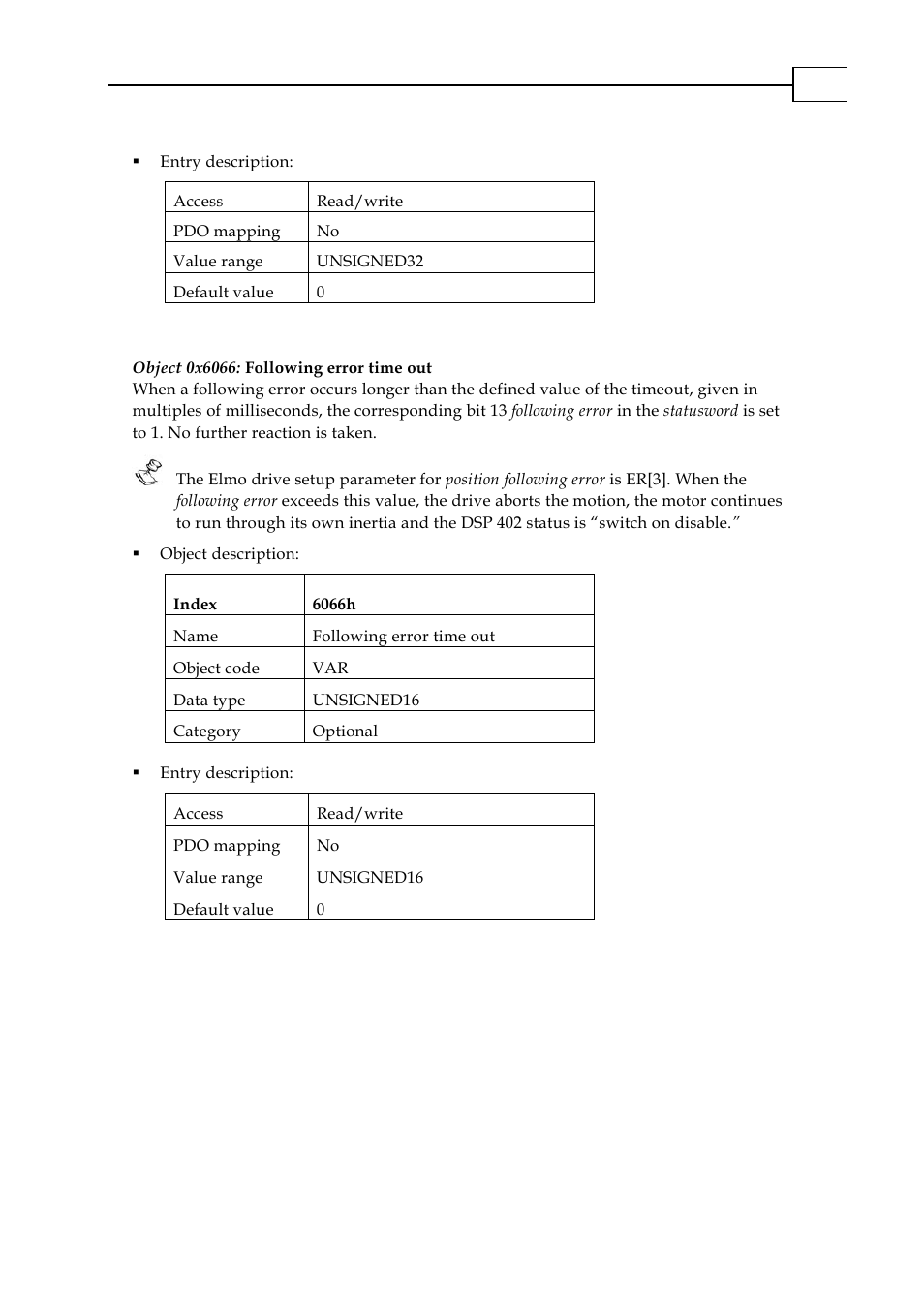 Object 0x6066: following error time out | ElmoMC CANopen DSP 402 Implementation Guide User Manual | Page 73 / 116