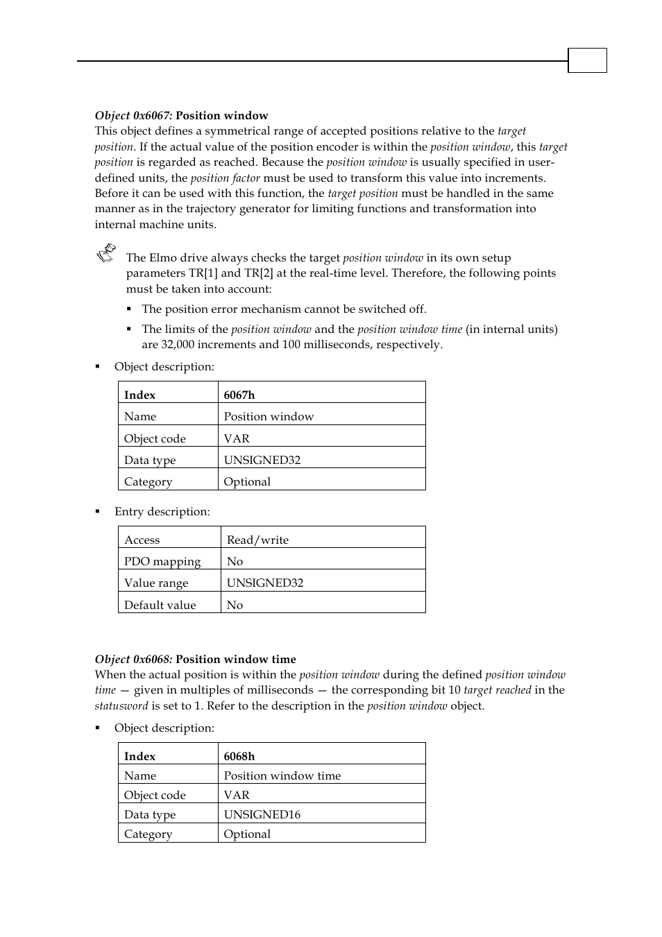 Object 0x6067: position window, Object 0x6068: position window time | ElmoMC CANopen DSP 402 Implementation Guide User Manual | Page 74 / 116