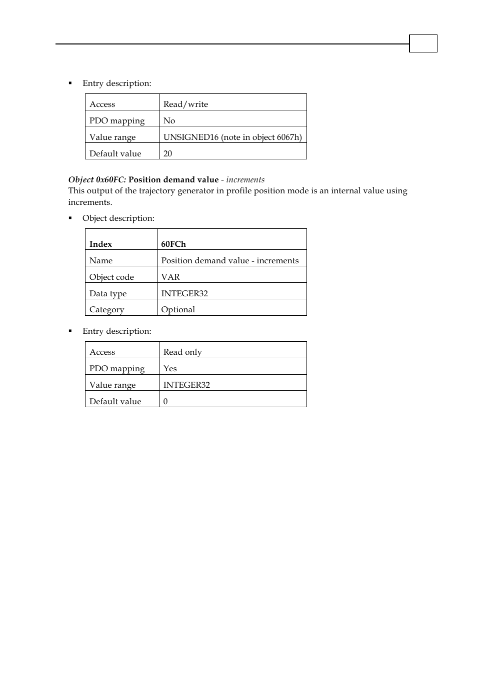 Object 0x60fc: position demand value - increments | ElmoMC CANopen DSP 402 Implementation Guide User Manual | Page 75 / 116