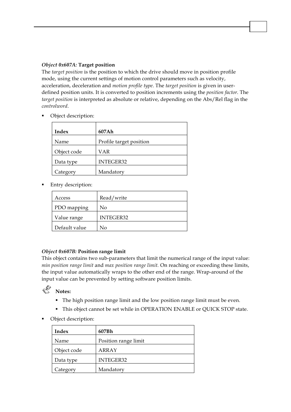 Objects, Object 0x607a: target position, Object 0x607b: position range limit | 2 objects | ElmoMC CANopen DSP 402 Implementation Guide User Manual | Page 78 / 116
