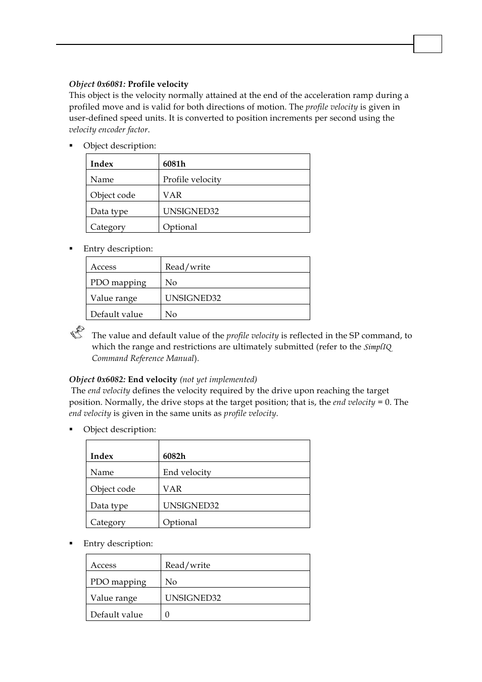 Object 0x6081: profile velocity, Object 0x6082: end velocity (not yet implemented) | ElmoMC CANopen DSP 402 Implementation Guide User Manual | Page 82 / 116
