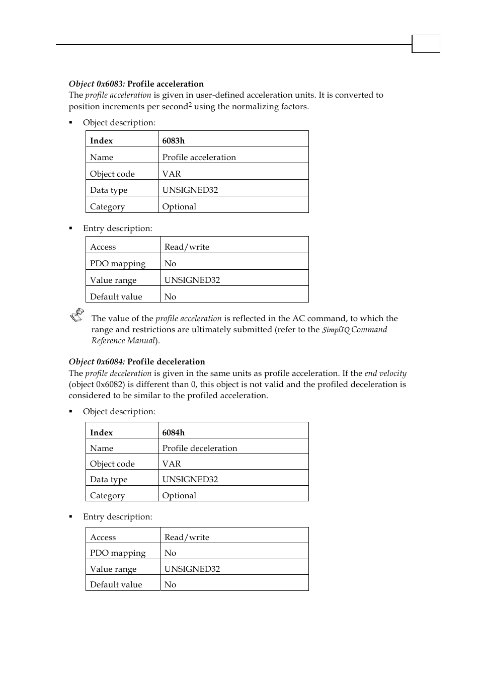Object 0x6083: profile acceleration, Object 0x6084: profile deceleration | ElmoMC CANopen DSP 402 Implementation Guide User Manual | Page 83 / 116