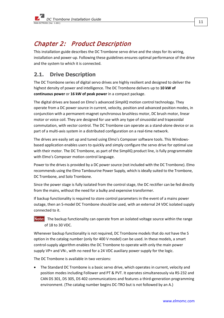 Chapter 2: product description, Drive description, Chapter 2 | Product description | ElmoMC SimplIQ Digital Servo Drives-Trombone DC User Manual | Page 11 / 85