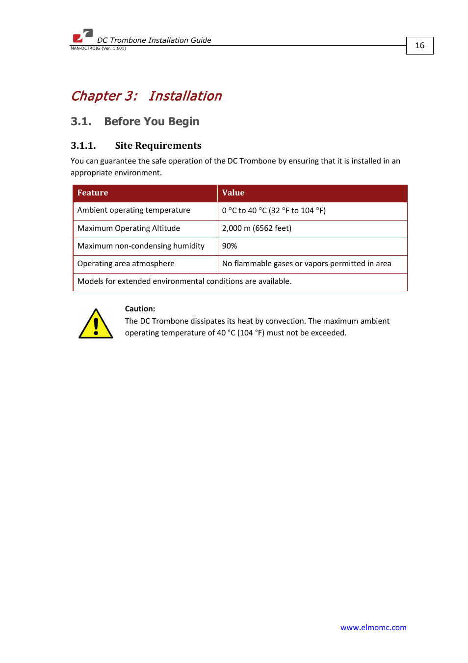 Chapter 3: installation, Before you begin, Site requirements | Chapter 3, Installation | ElmoMC SimplIQ Digital Servo Drives-Trombone DC User Manual | Page 16 / 85