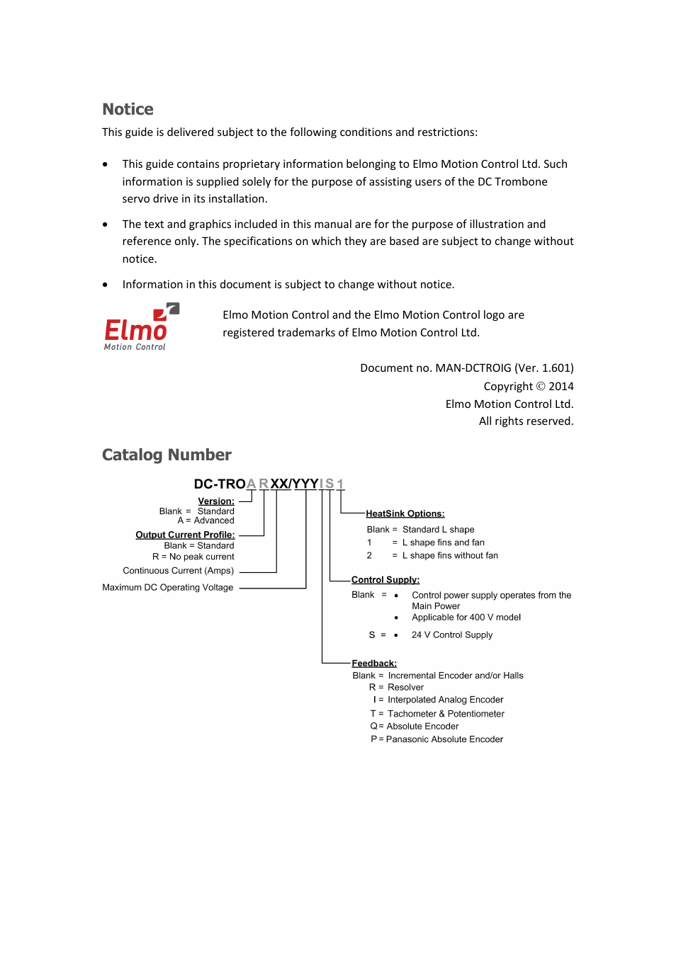 Notice, Catalog number | ElmoMC SimplIQ Digital Servo Drives-Trombone DC User Manual | Page 2 / 85