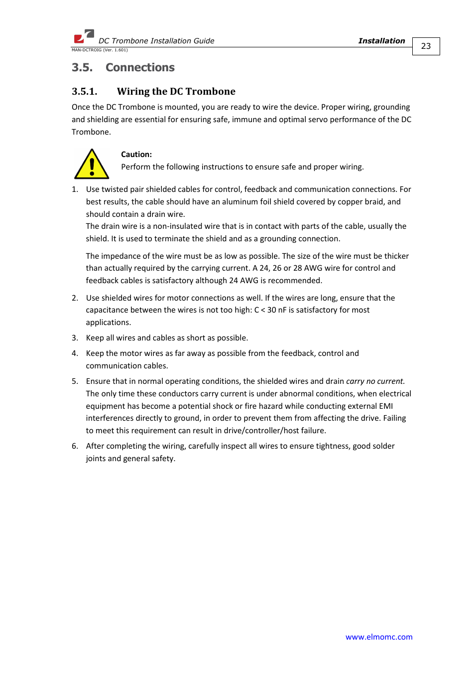 Connections, Wiring the dc trombone | ElmoMC SimplIQ Digital Servo Drives-Trombone DC User Manual | Page 23 / 85