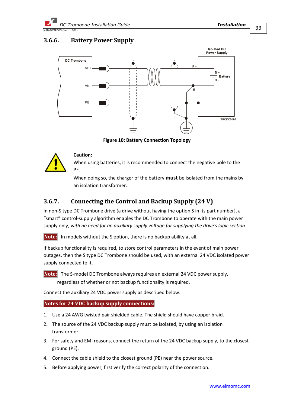 Battery power supply, Connecting the control and backup supply (24 v) | ElmoMC SimplIQ Digital Servo Drives-Trombone DC User Manual | Page 33 / 85
