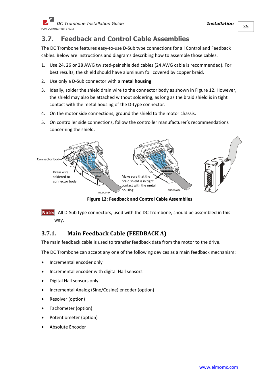 Feedback and control cable assemblies, Main feedback cable (feedback a) | ElmoMC SimplIQ Digital Servo Drives-Trombone DC User Manual | Page 35 / 85