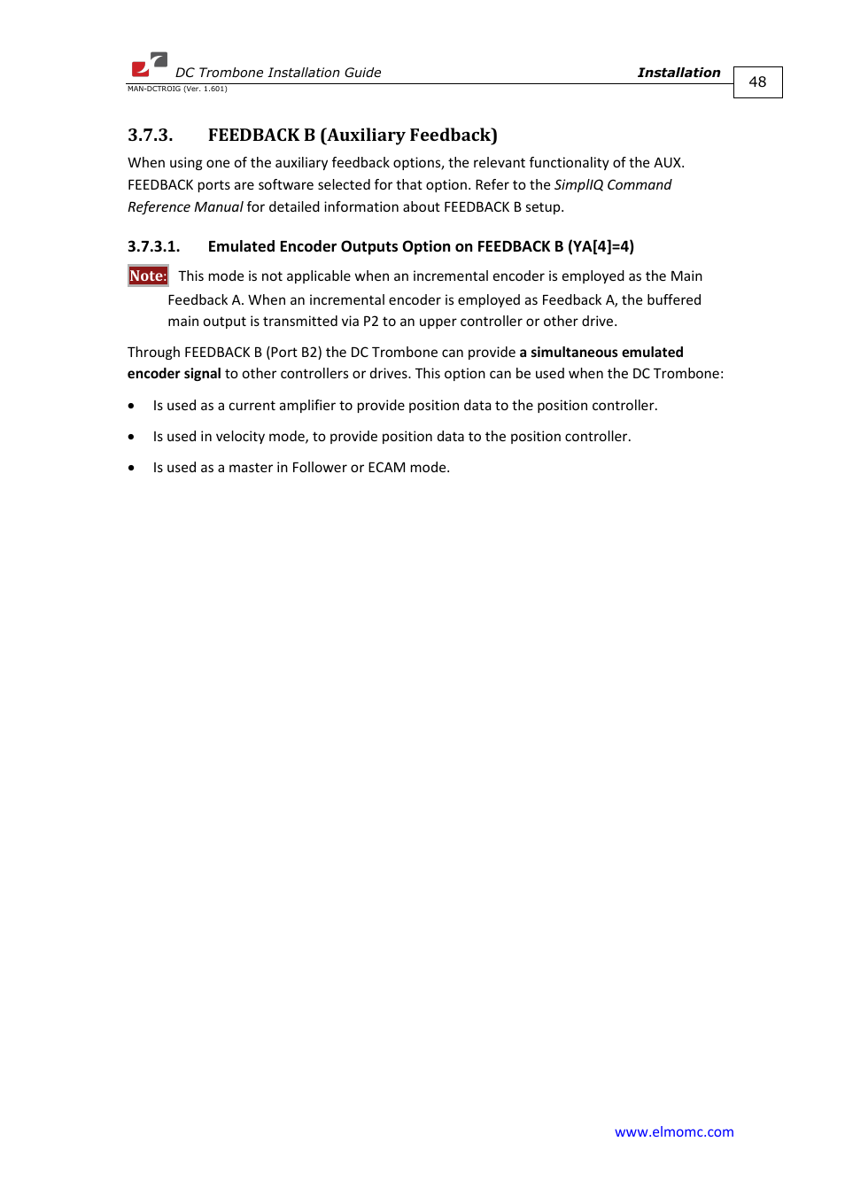 Feedback b (auxiliary feedback) | ElmoMC SimplIQ Digital Servo Drives-Trombone DC User Manual | Page 48 / 85