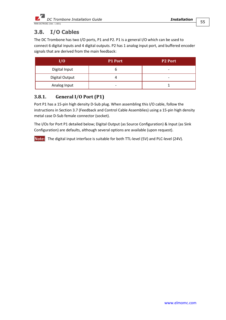 I/o cables, General i/o port (p1) | ElmoMC SimplIQ Digital Servo Drives-Trombone DC User Manual | Page 55 / 85