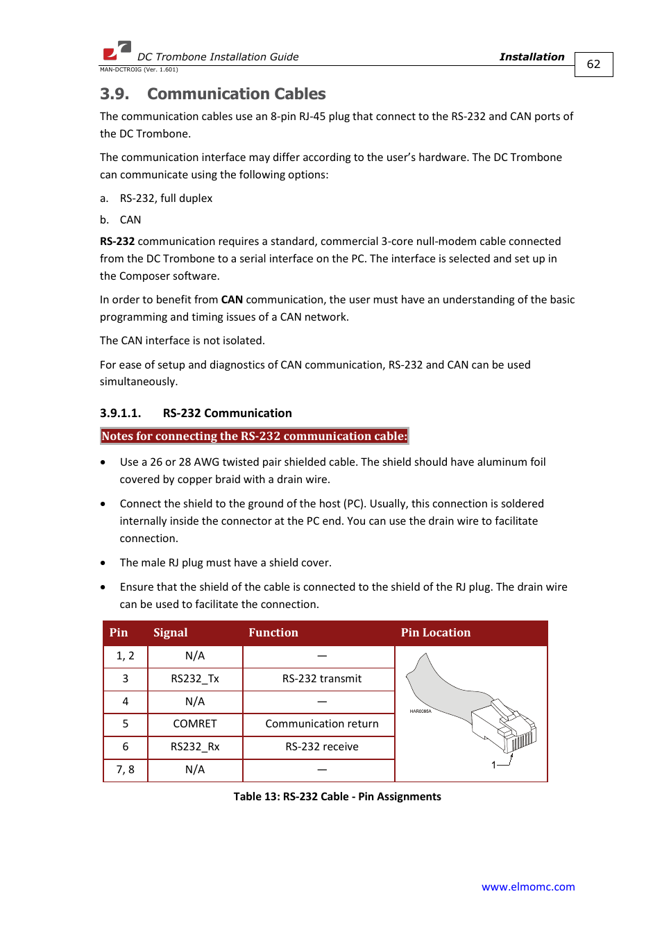 Communication cables, Rs-232 communication | ElmoMC SimplIQ Digital Servo Drives-Trombone DC User Manual | Page 62 / 85