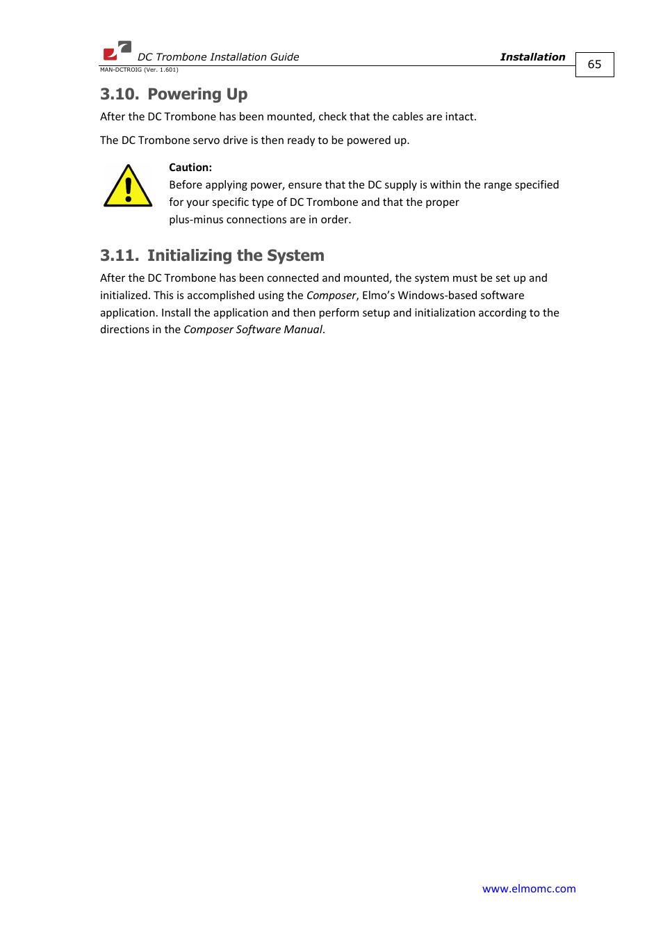 Powering up, Initializing the system, Powering up 3.11. initializing the system | ElmoMC SimplIQ Digital Servo Drives-Trombone DC User Manual | Page 65 / 85
