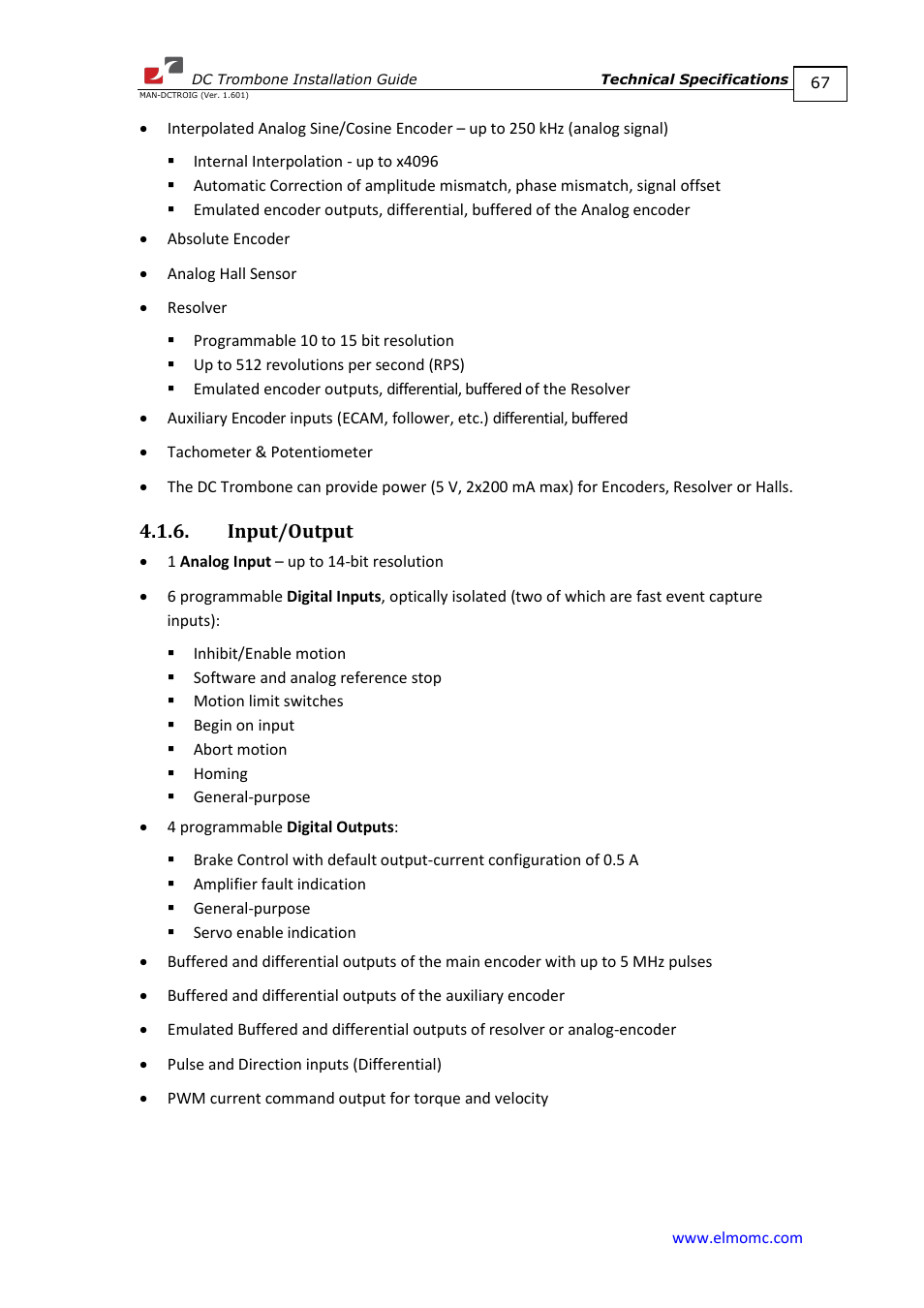Input/output | ElmoMC SimplIQ Digital Servo Drives-Trombone DC User Manual | Page 67 / 85