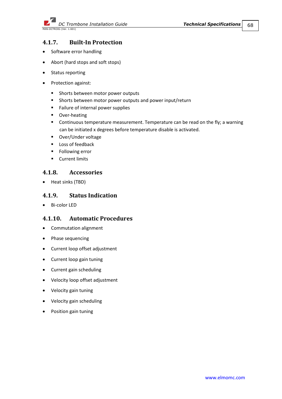 Built-in protection, Accessories, Status indication | Automatic procedures | ElmoMC SimplIQ Digital Servo Drives-Trombone DC User Manual | Page 68 / 85