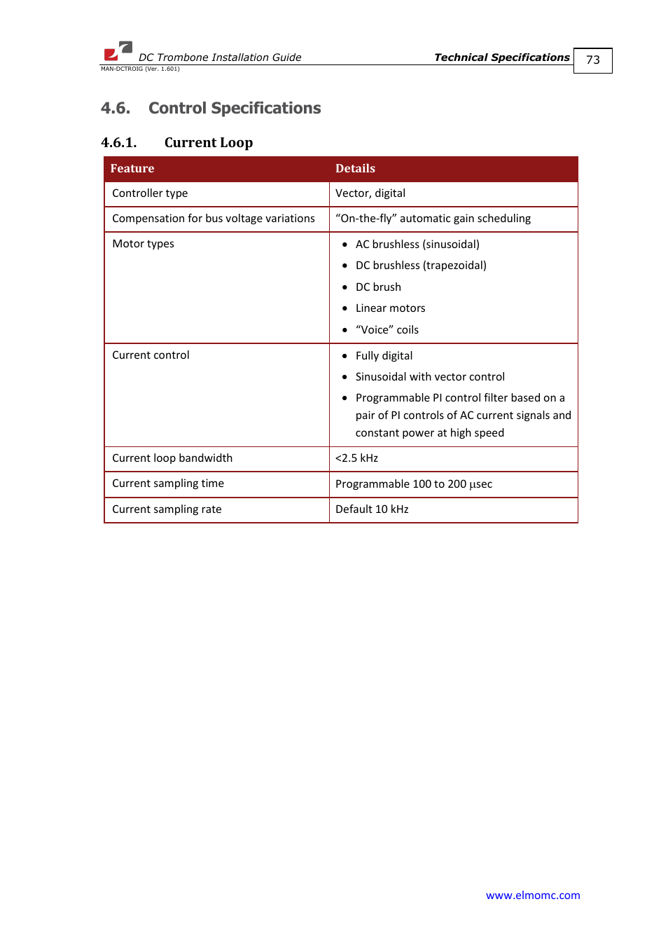 Control specifications, Current loop | ElmoMC SimplIQ Digital Servo Drives-Trombone DC User Manual | Page 73 / 85