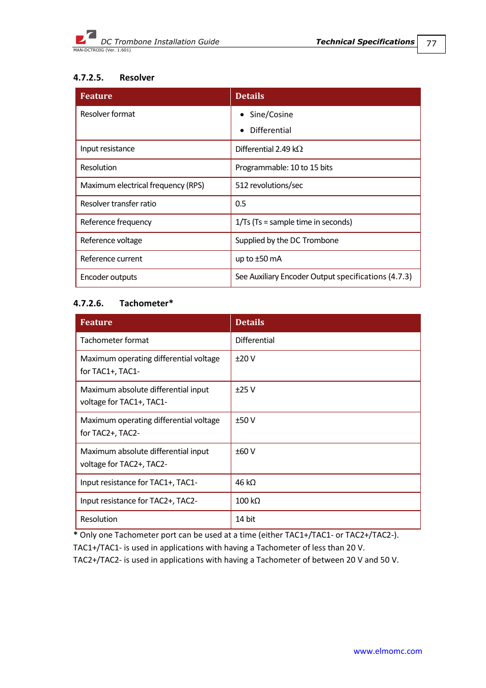 Resolver, Tachometer, Resolver 4.7.2.6. tachometer | ElmoMC SimplIQ Digital Servo Drives-Trombone DC User Manual | Page 77 / 85