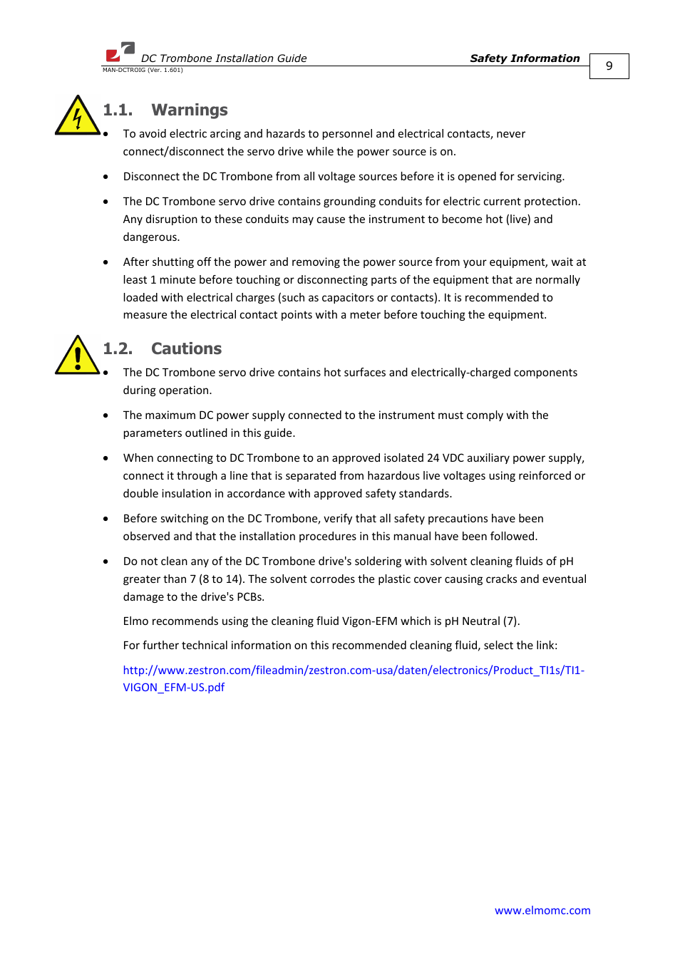 Warnings, Cautions, Warnings 1.2. cautions | ElmoMC SimplIQ Digital Servo Drives-Trombone DC User Manual | Page 9 / 85