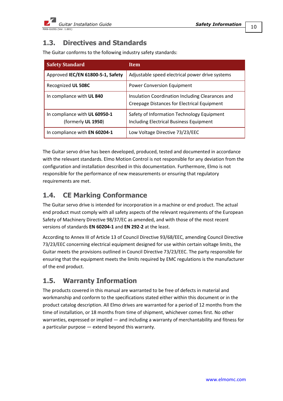 Directives and standards, Ce marking conformance, Warranty information | ElmoMC SimplIQ Digital Servo Drives-Guitar Installation Guide User Manual | Page 10 / 76