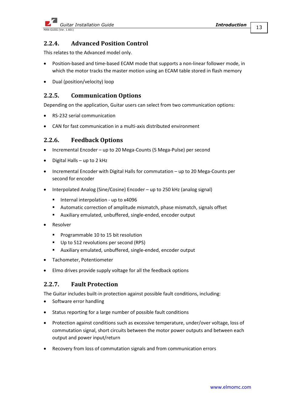 Advanced position control, Communication options, Feedback options | Fault protection | ElmoMC SimplIQ Digital Servo Drives-Guitar Installation Guide User Manual | Page 13 / 76