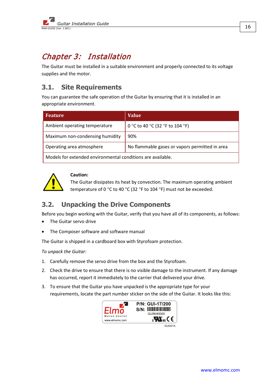 Chapter 3: installation, Site requirements, Unpacking the drive components | Chapter 3, Installation | ElmoMC SimplIQ Digital Servo Drives-Guitar Installation Guide User Manual | Page 16 / 76