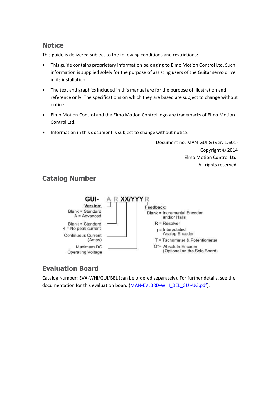 Notice, Catalog number, Evaluation board | ElmoMC SimplIQ Digital Servo Drives-Guitar Installation Guide User Manual | Page 2 / 76