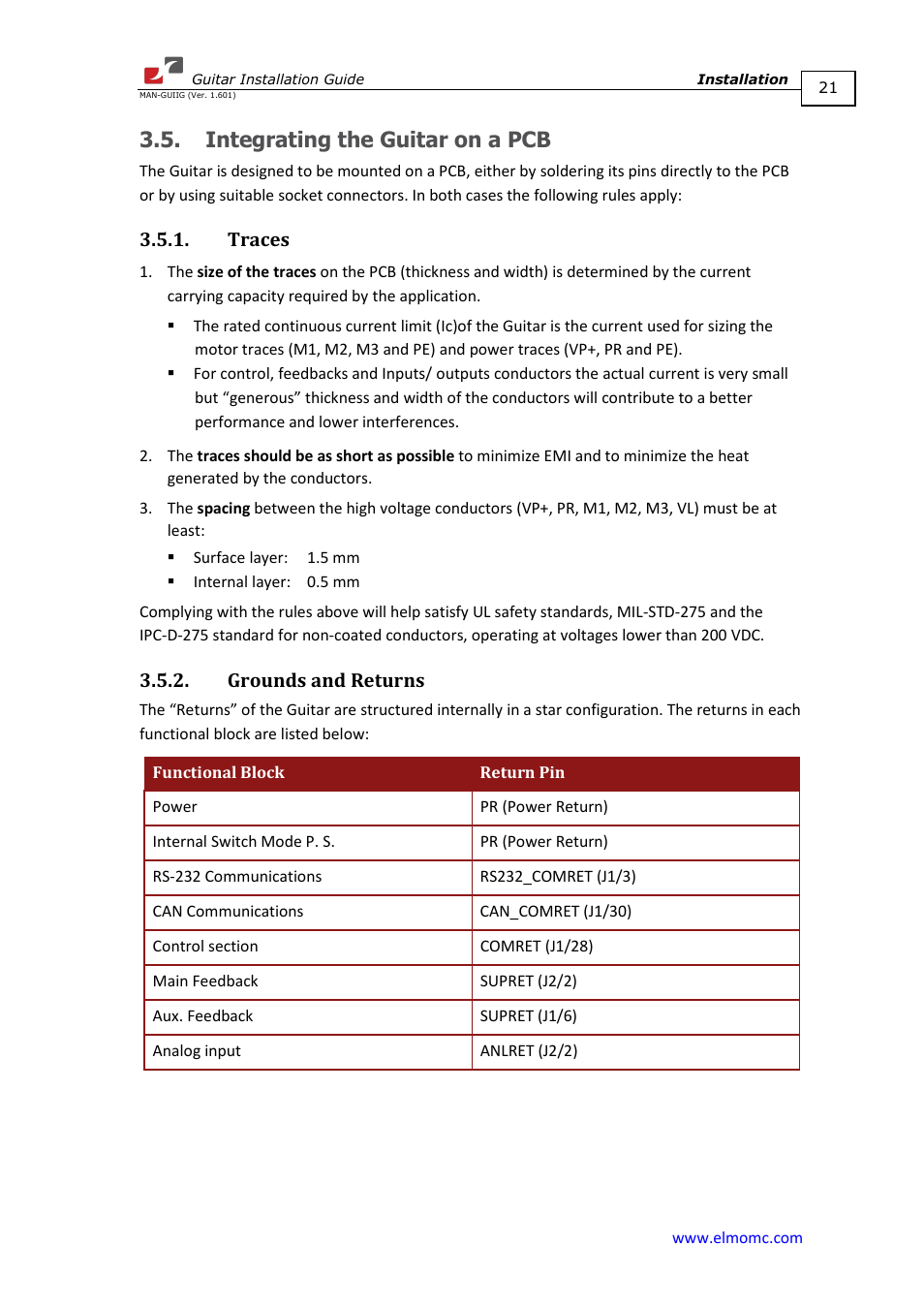 Integrating the guitar on a pcb, Traces, Grounds and returns | Traces 3.5.2. grounds and returns | ElmoMC SimplIQ Digital Servo Drives-Guitar Installation Guide User Manual | Page 21 / 76