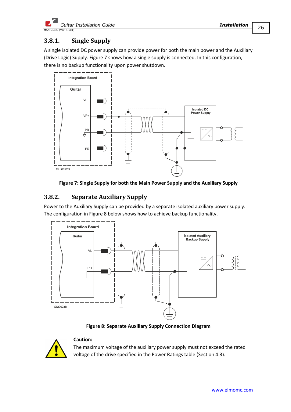 Single supply, Separate auxiliary supply, Single supply 3.8.2. separate auxiliary supply | ElmoMC SimplIQ Digital Servo Drives-Guitar Installation Guide User Manual | Page 26 / 76