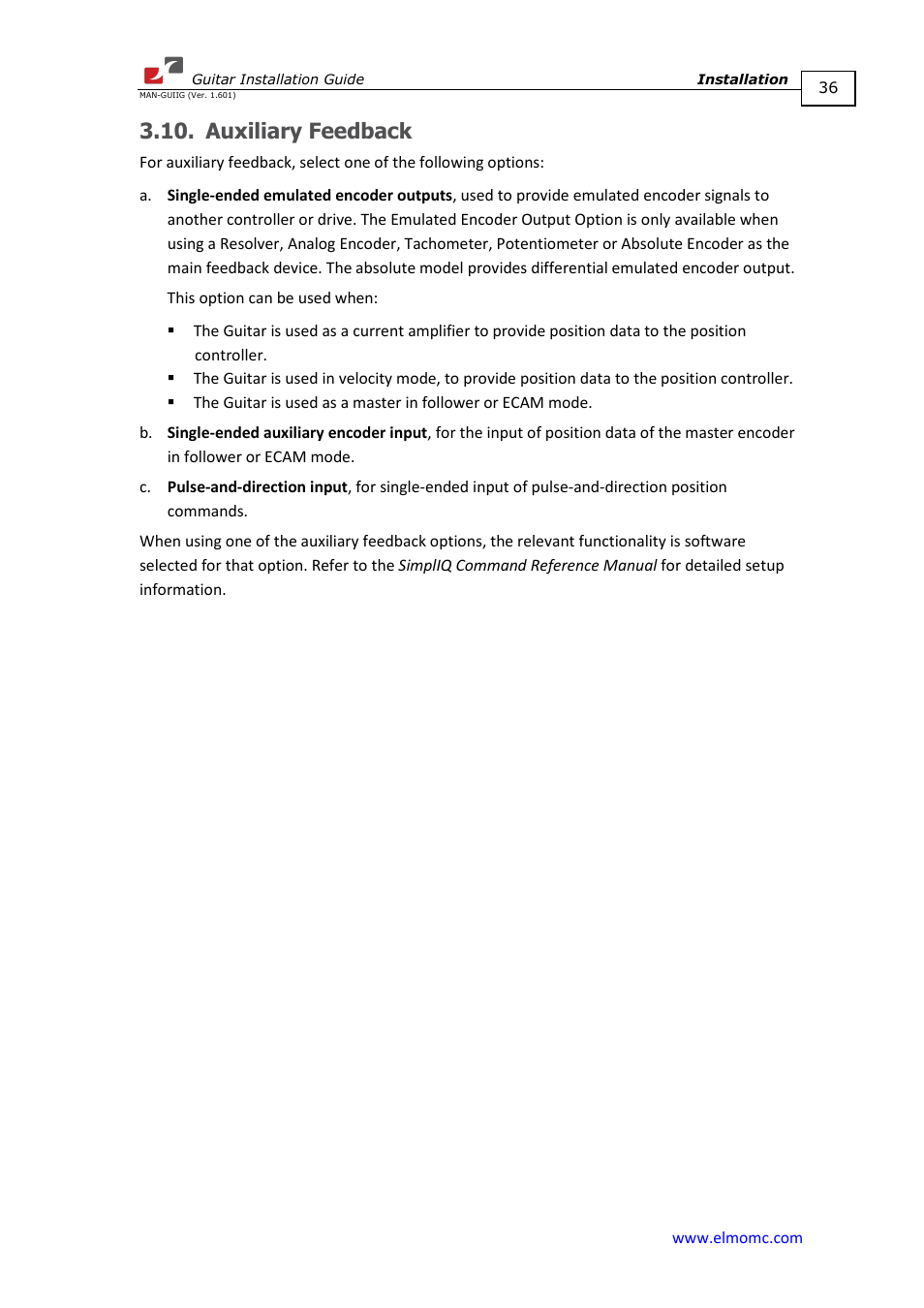 Auxiliary feedback | ElmoMC SimplIQ Digital Servo Drives-Guitar Installation Guide User Manual | Page 36 / 76