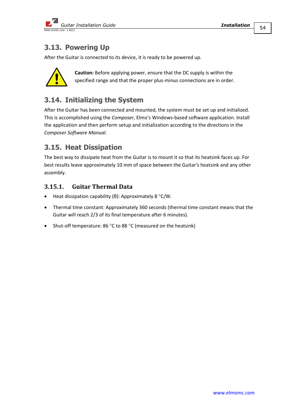 Powering up, Initializing the system, Heat dissipation | Guitar thermal data | ElmoMC SimplIQ Digital Servo Drives-Guitar Installation Guide User Manual | Page 54 / 76
