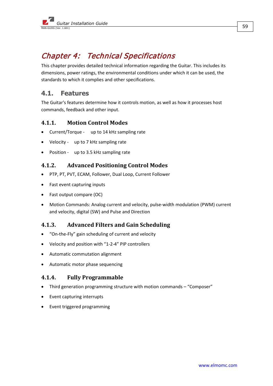 Chapter 4: technical specifications, Features, Motion control modes | Advanced positioning control modes, Advanced filters and gain scheduling, Fully programmable, Chapter 4, Technical specifications | ElmoMC SimplIQ Digital Servo Drives-Guitar Installation Guide User Manual | Page 59 / 76