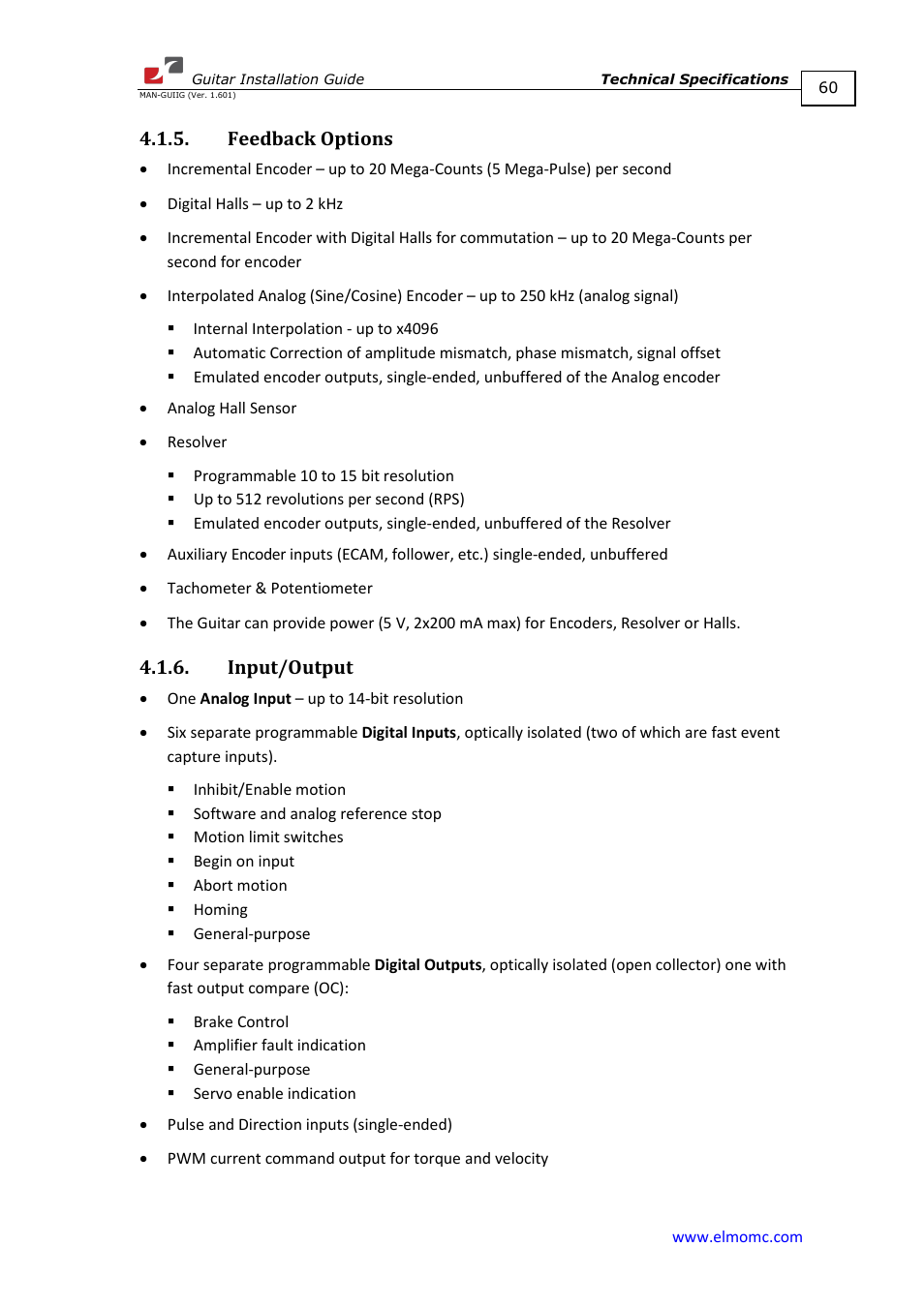 Feedback options, Input/output, Feedback options 4.1.6. input/output | ElmoMC SimplIQ Digital Servo Drives-Guitar Installation Guide User Manual | Page 60 / 76