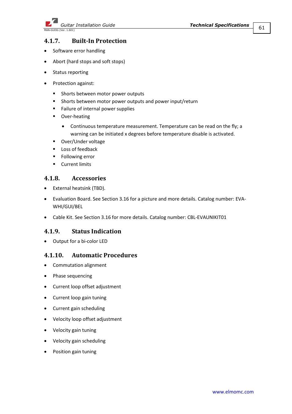 Built-in protection, Accessories, Status indication | Automatic procedures, D 4.1.8 | ElmoMC SimplIQ Digital Servo Drives-Guitar Installation Guide User Manual | Page 61 / 76