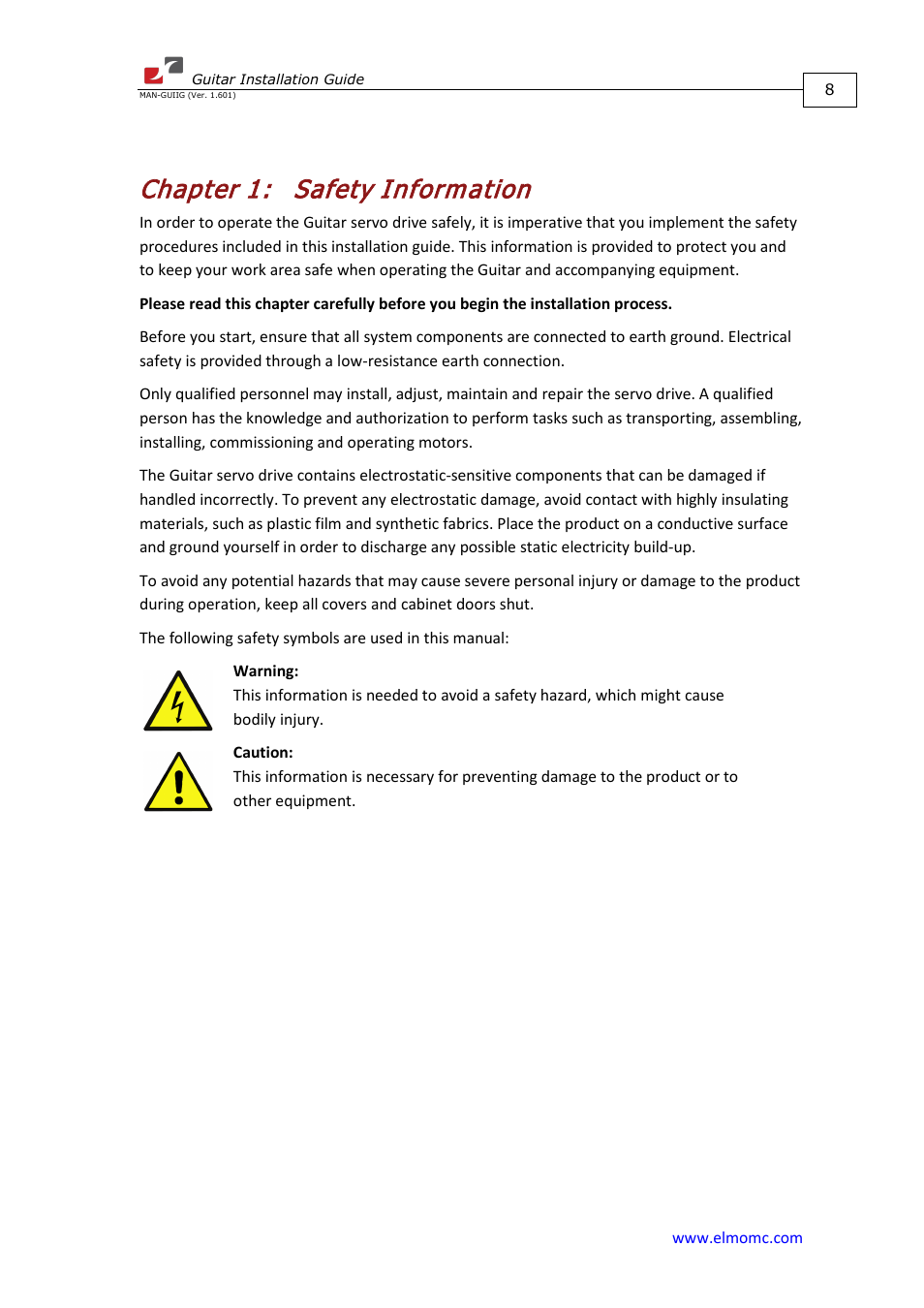 Chapter 1: safety information, Chapter 1, Safety information | ElmoMC SimplIQ Digital Servo Drives-Guitar Installation Guide User Manual | Page 8 / 76