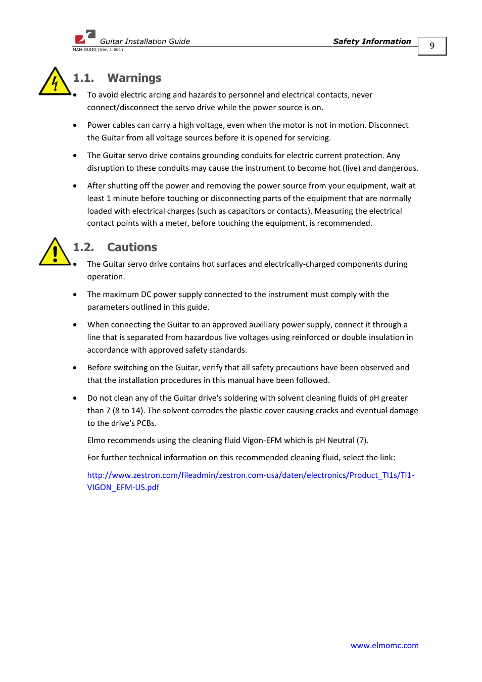 Warnings, Cautions, Warnings 1.2. cautions | ElmoMC SimplIQ Digital Servo Drives-Guitar Installation Guide User Manual | Page 9 / 76