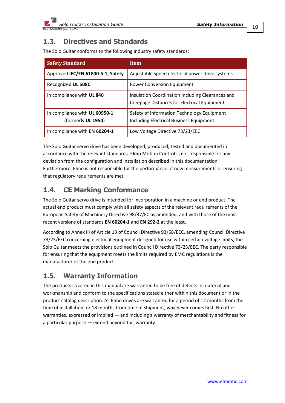 Directives and standards, Ce marking conformance, Warranty information | ElmoMC SimplIQ Digital Servo Drives-Solo Guitar Installation Guide User Manual | Page 10 / 73