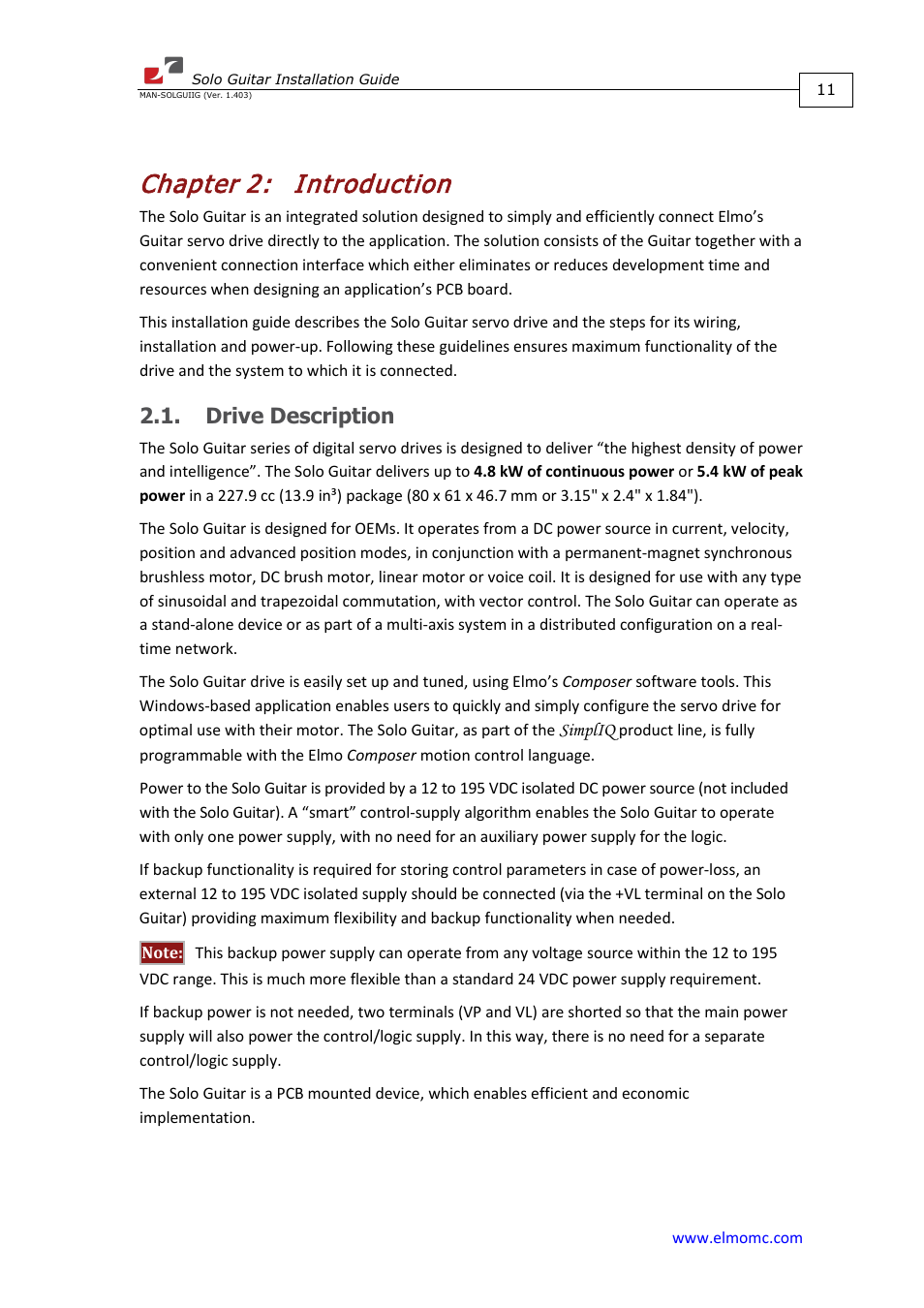Chapter 2: introduction, Drive description, Chapter 2 | Introduction | ElmoMC SimplIQ Digital Servo Drives-Solo Guitar Installation Guide User Manual | Page 11 / 73