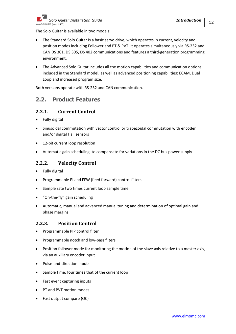 Product features, Current control, Velocity control | Position control | ElmoMC SimplIQ Digital Servo Drives-Solo Guitar Installation Guide User Manual | Page 12 / 73