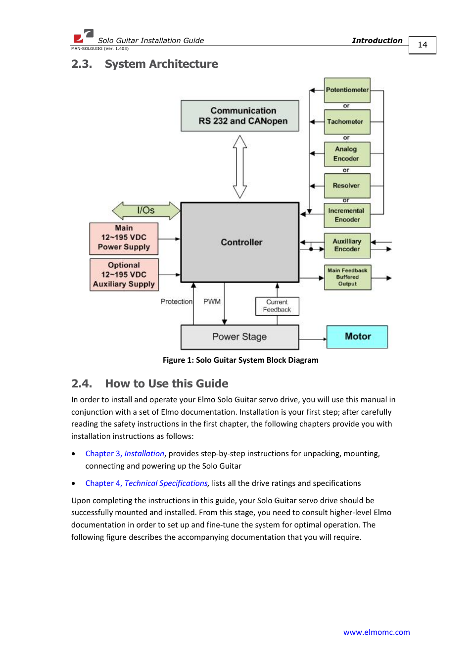 System architecture, How to use this guide, System architecture 2.4. how to use this guide | ElmoMC SimplIQ Digital Servo Drives-Solo Guitar Installation Guide User Manual | Page 14 / 73