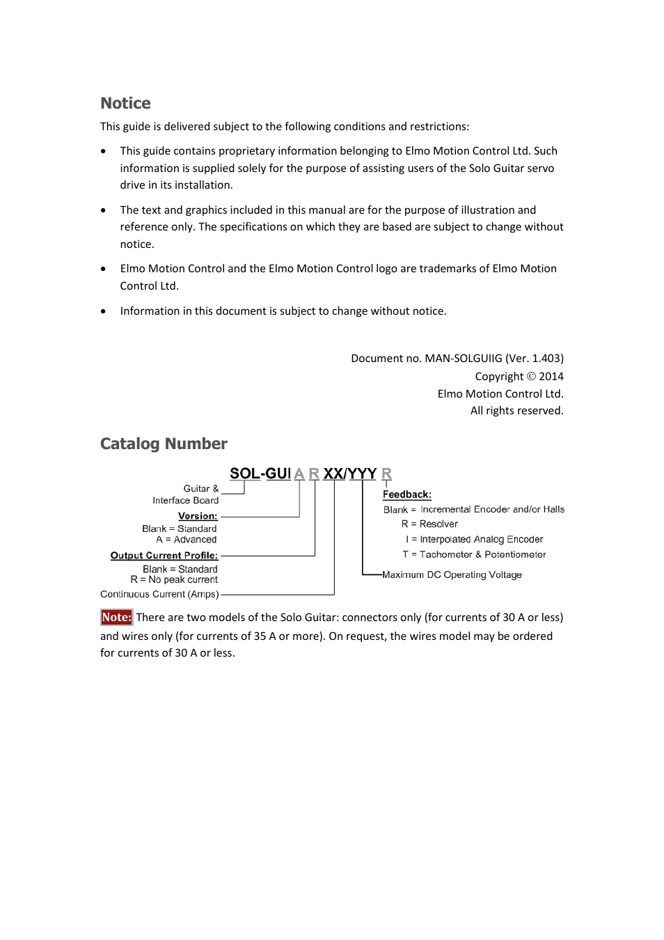 Notice, Catalog number | ElmoMC SimplIQ Digital Servo Drives-Solo Guitar Installation Guide User Manual | Page 2 / 73