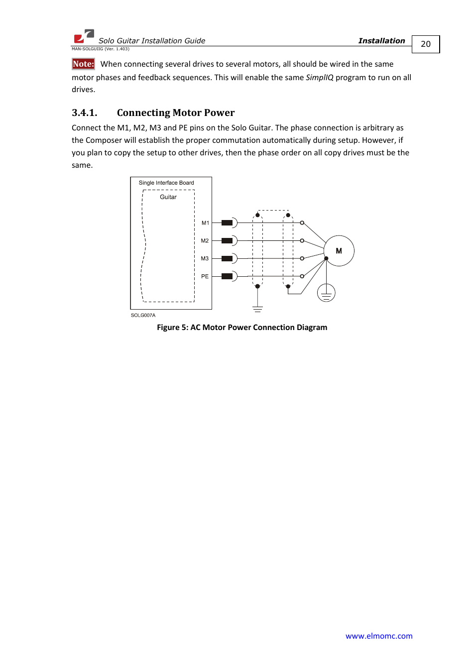 Connecting motor power | ElmoMC SimplIQ Digital Servo Drives-Solo Guitar Installation Guide User Manual | Page 20 / 73