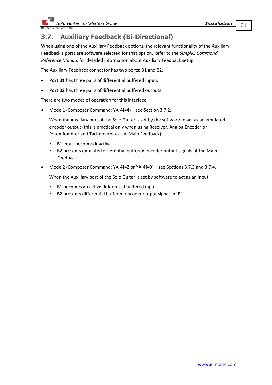 Auxiliary feedback (bi-directional) | ElmoMC SimplIQ Digital Servo Drives-Solo Guitar Installation Guide User Manual | Page 31 / 73