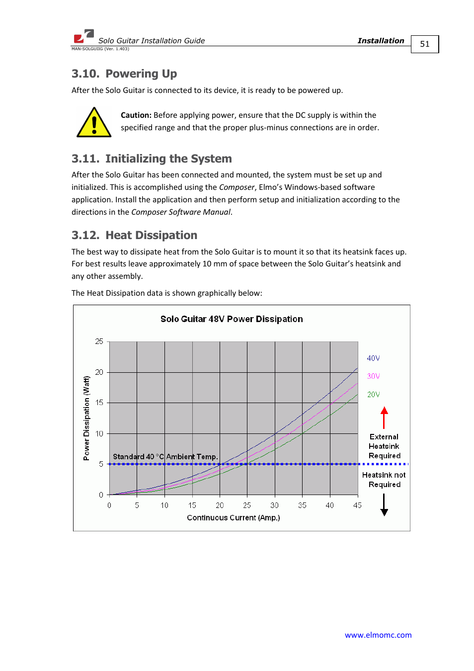 Powering up, Initializing the system, Heat dissipation | ElmoMC SimplIQ Digital Servo Drives-Solo Guitar Installation Guide User Manual | Page 51 / 73
