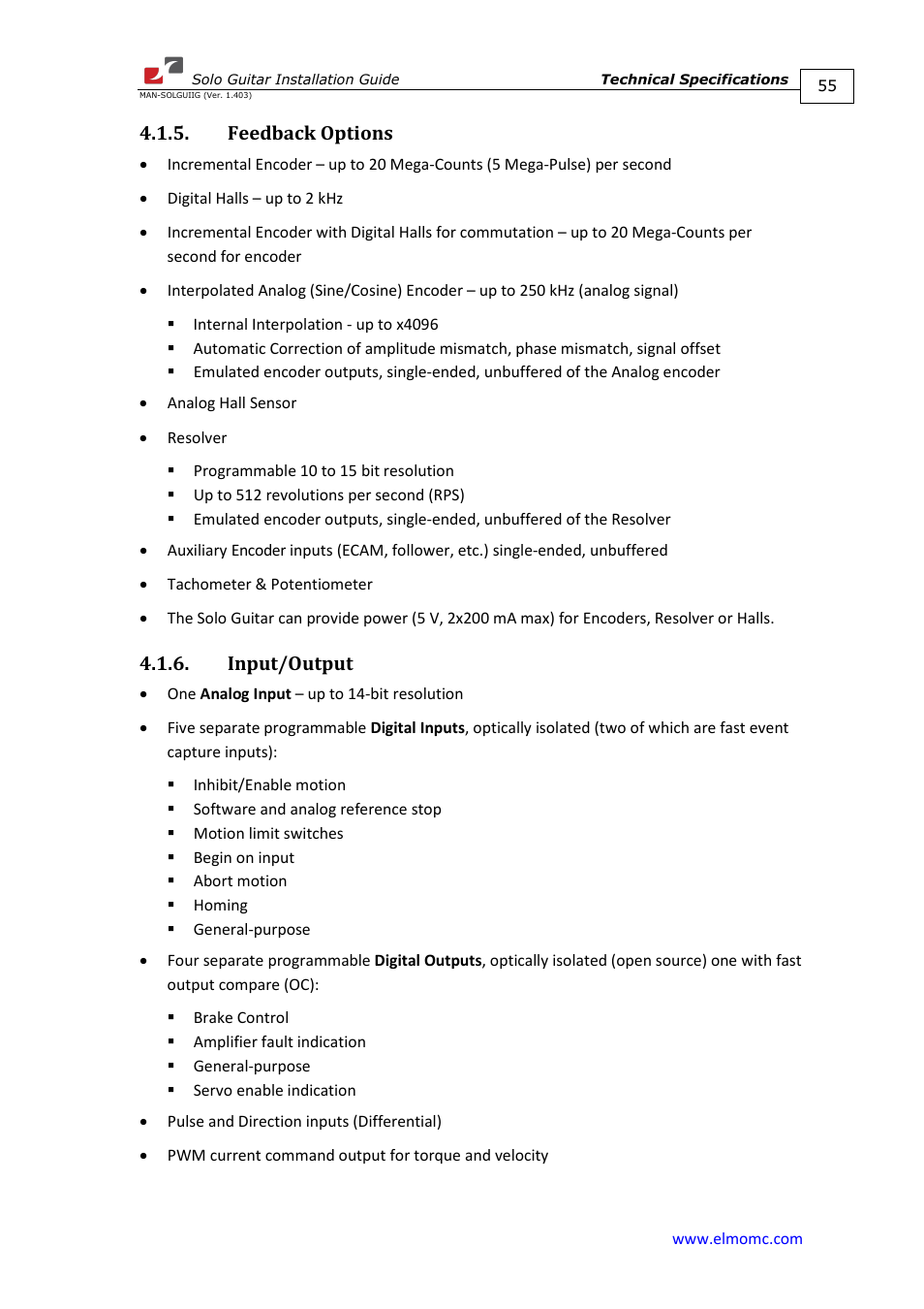 Feedback options, Input/output, Feedback options 4.1.6. input/output | ElmoMC SimplIQ Digital Servo Drives-Solo Guitar Installation Guide User Manual | Page 55 / 73