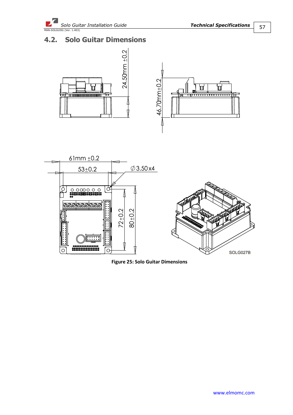 Solo guitar dimensions | ElmoMC SimplIQ Digital Servo Drives-Solo Guitar Installation Guide User Manual | Page 57 / 73
