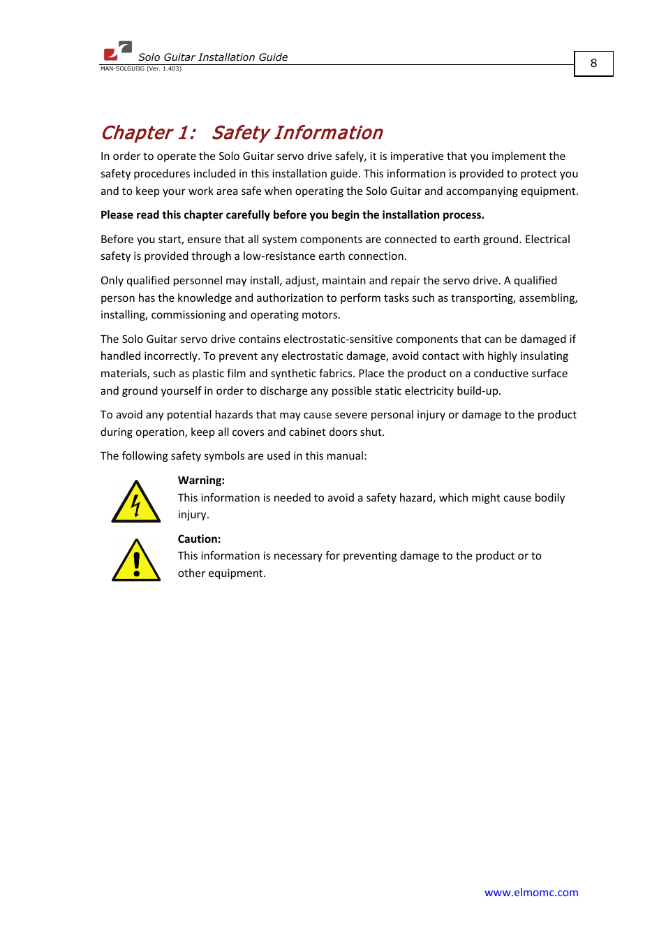 Chapter 1: safety information, Chapter 1, Safety information | ElmoMC SimplIQ Digital Servo Drives-Solo Guitar Installation Guide User Manual | Page 8 / 73